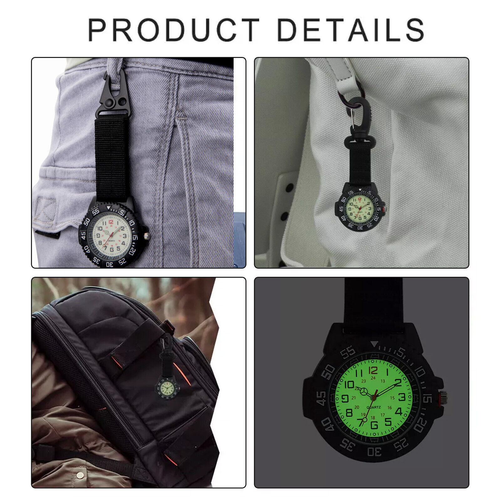 Outdoors Clip-On Carabiner Luminous Compass 24H Backpack Belt Fob Quartz WatchDV