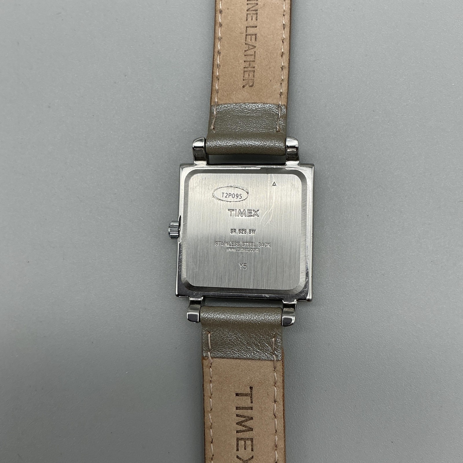 Timex Womens Watch 28mm Silver Tone Gray Leather T2P095 Square Dial