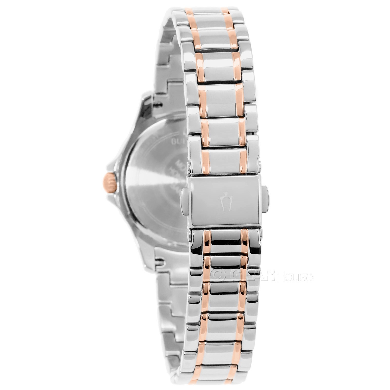 BULOVA Womens Pave Crystals Dress Watch, MOP Dial Two Tone Silver Rose Gold Band