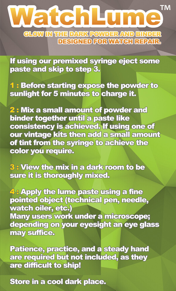 GENUINE WATCH LUME ™ – POWDER AND BINDER PASTE – BLUE GLOW IN THE DARK KIT