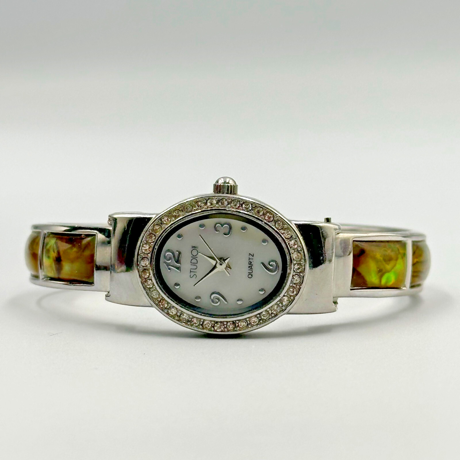 Studio Time Watch Women Silver Tone Crystal Bezel Abalone Inlay Band New Battery