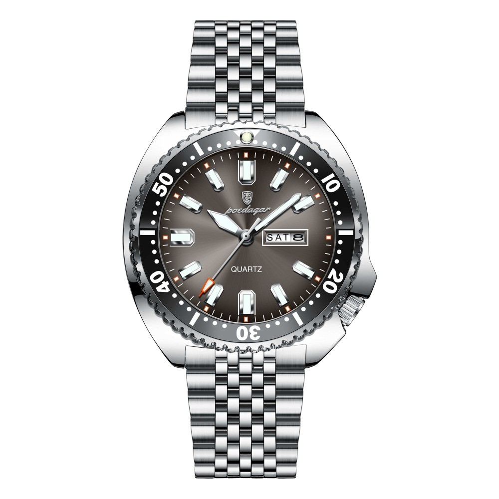 POEDAGAR Men Date Week Waterproof Luminous Casual Stainless Steel Quartz Watch