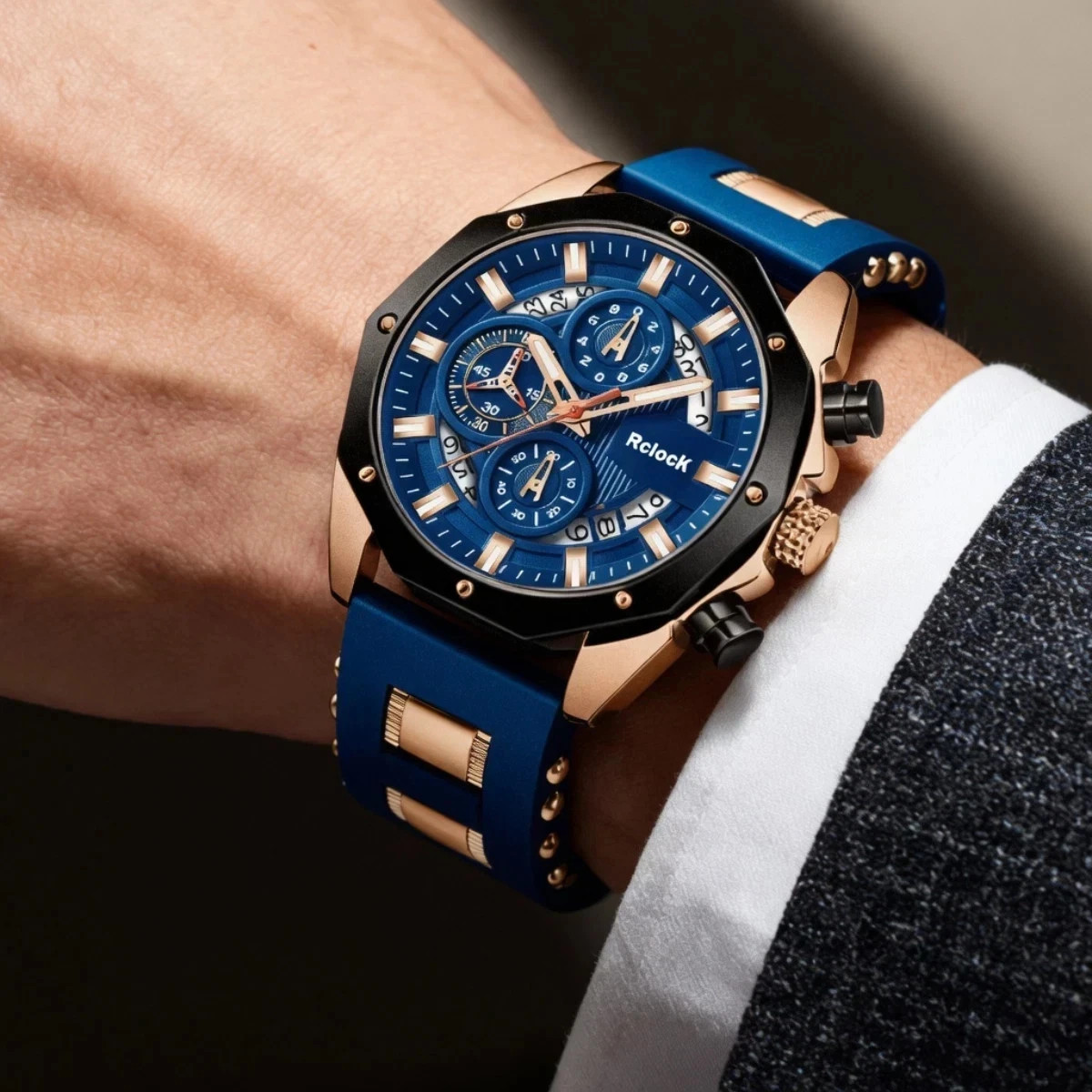 Men’s Luxury Analog Quartz Watch Chronograph & Date Display Blue Rose Gold NEW