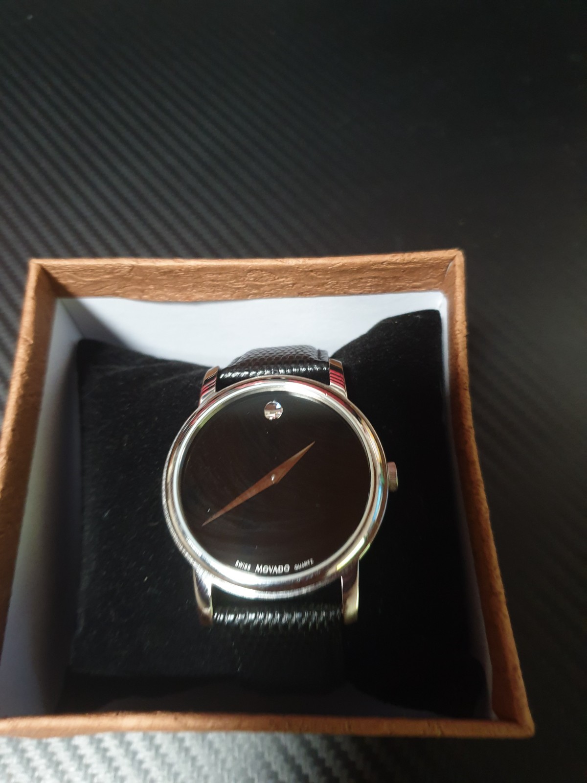 Movado Men Silver Watch Concave Dot Museum Dial – Black Strap (0607591)