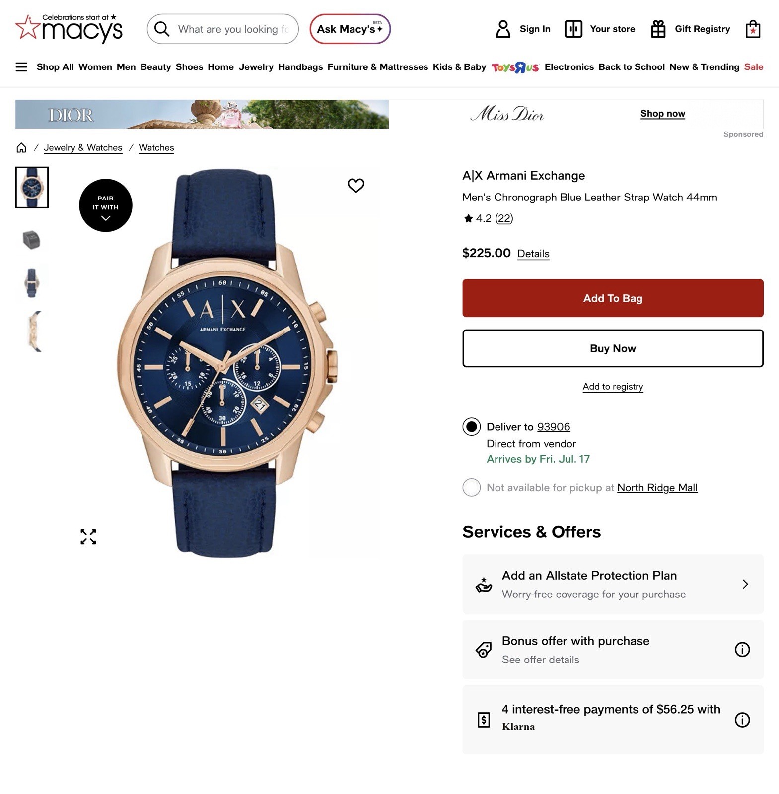 armani exchange watch men leather blue gold new 
