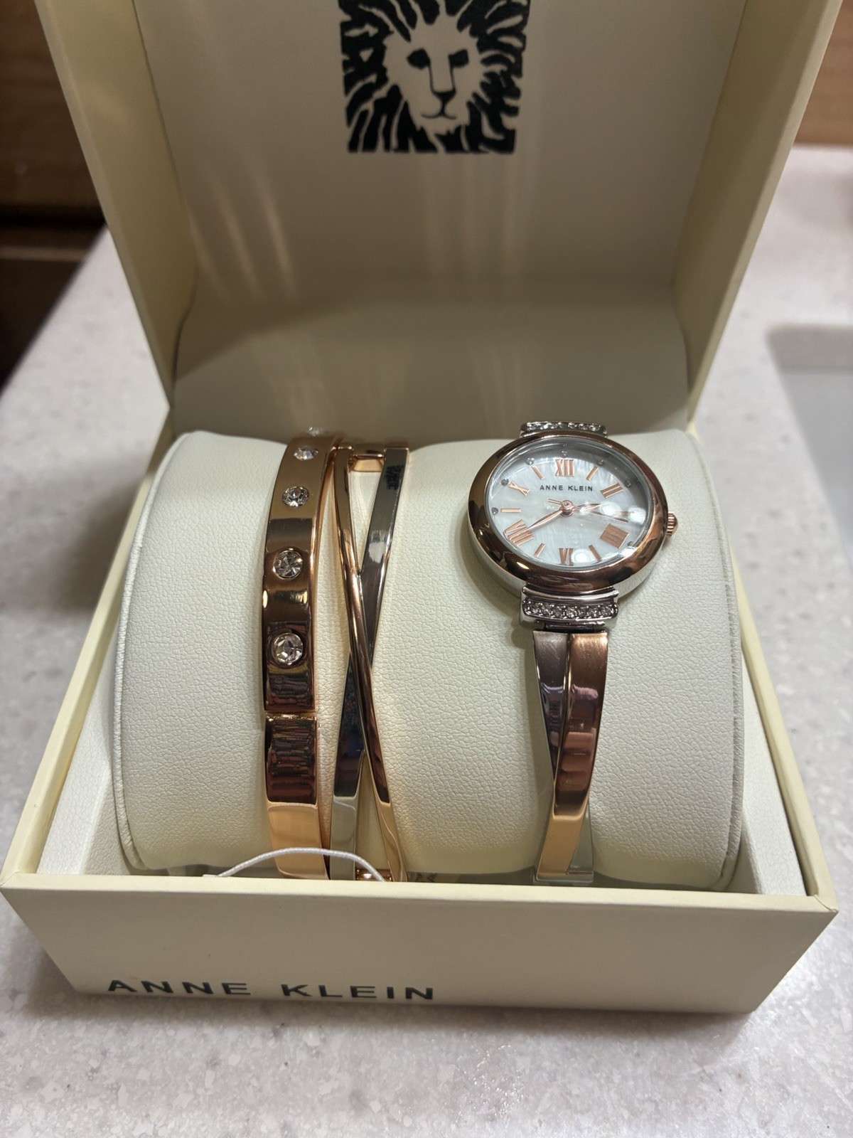 Anne Klein Diamond Accent Quartz Rose Gold Tone Watch & Bracelet Set w/ Box