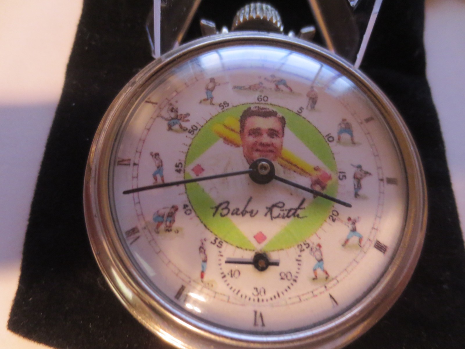 1940 16s Westclox Pocket W Baseball Babe Ruth Ad Theme Dial & Case Runs Well.