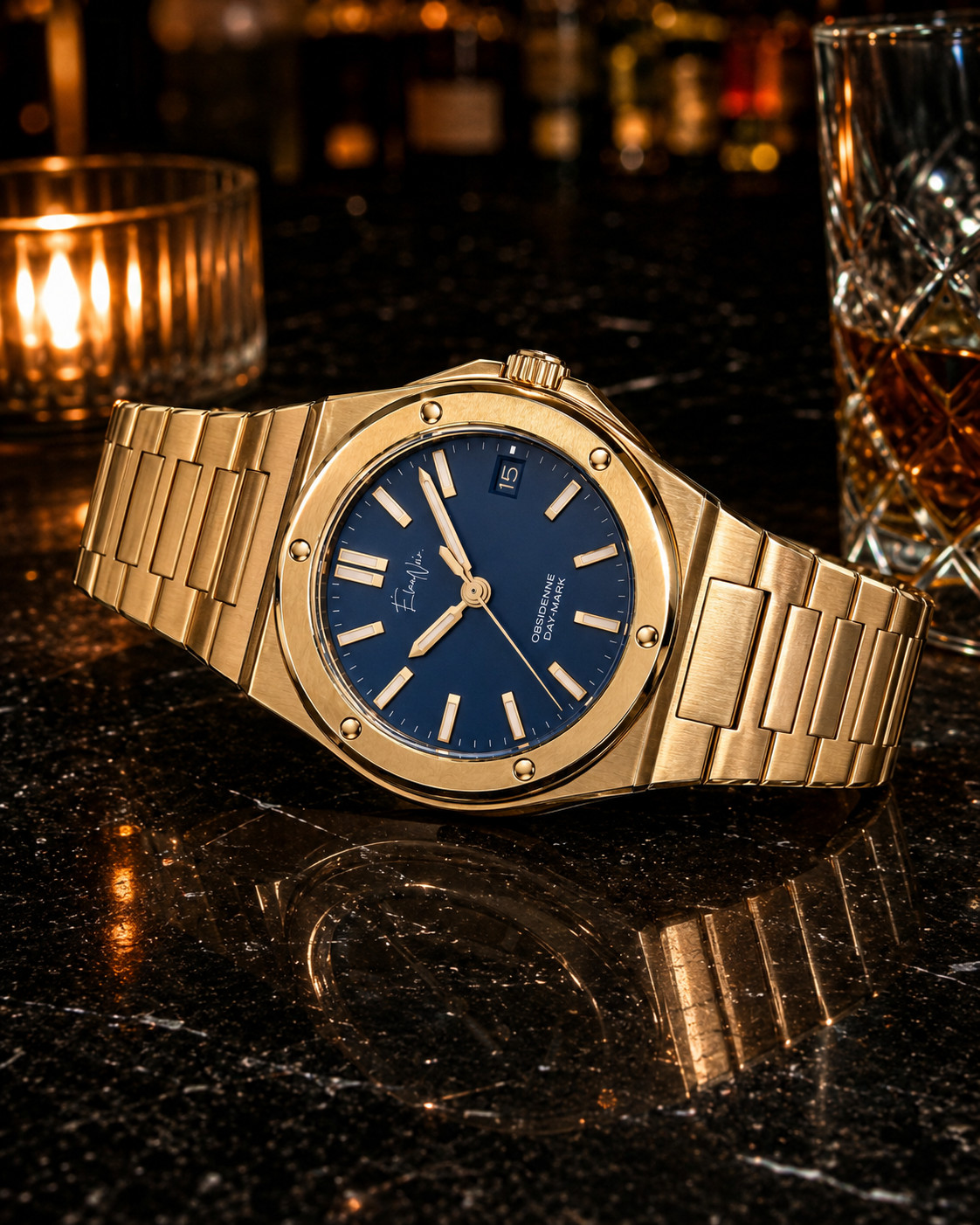 Custom Élan Noir Day-Mark Auto NH35 Watch Gold Navy Dial Sapphire Steel 41mm