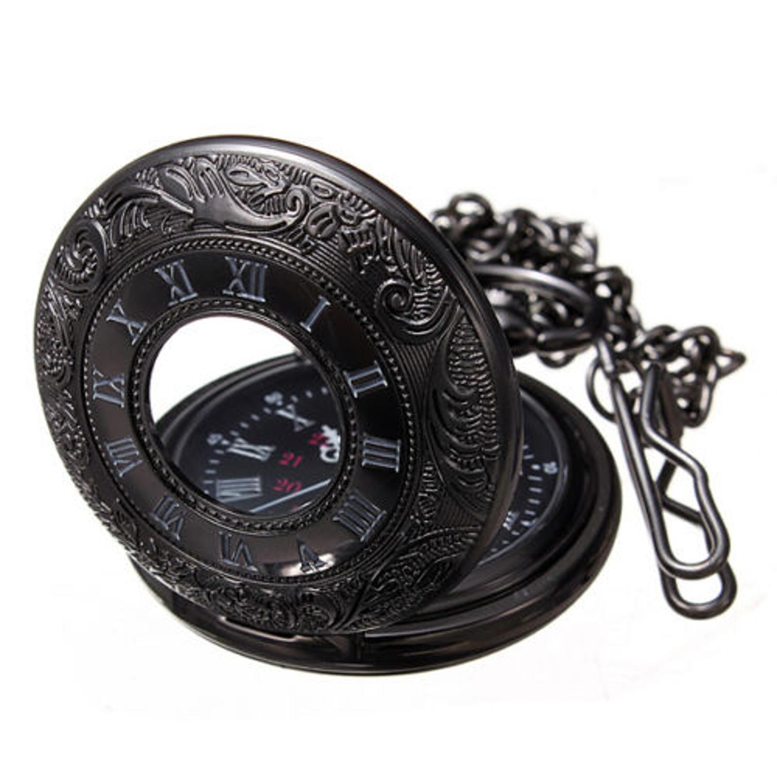 Vintage Retro Steampunk Pocket Watch Black Quartz Pendant Necklace Chain Gift G