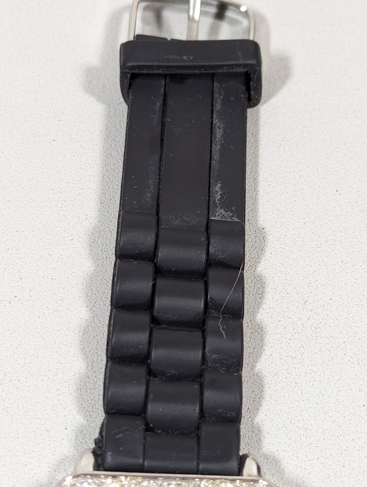 Vivani Pearlized Dial Silver Tone Crystal Accent Rectangle Case Black Band Watch