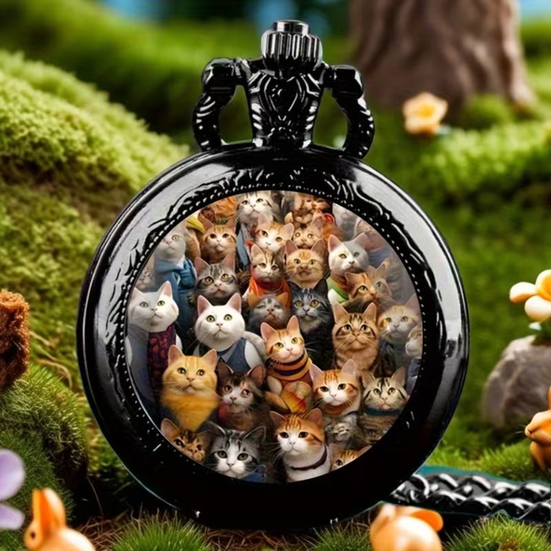 CATS Vintage Quartz Pocket Watch with Chain Pendent Zinc Alloy Black