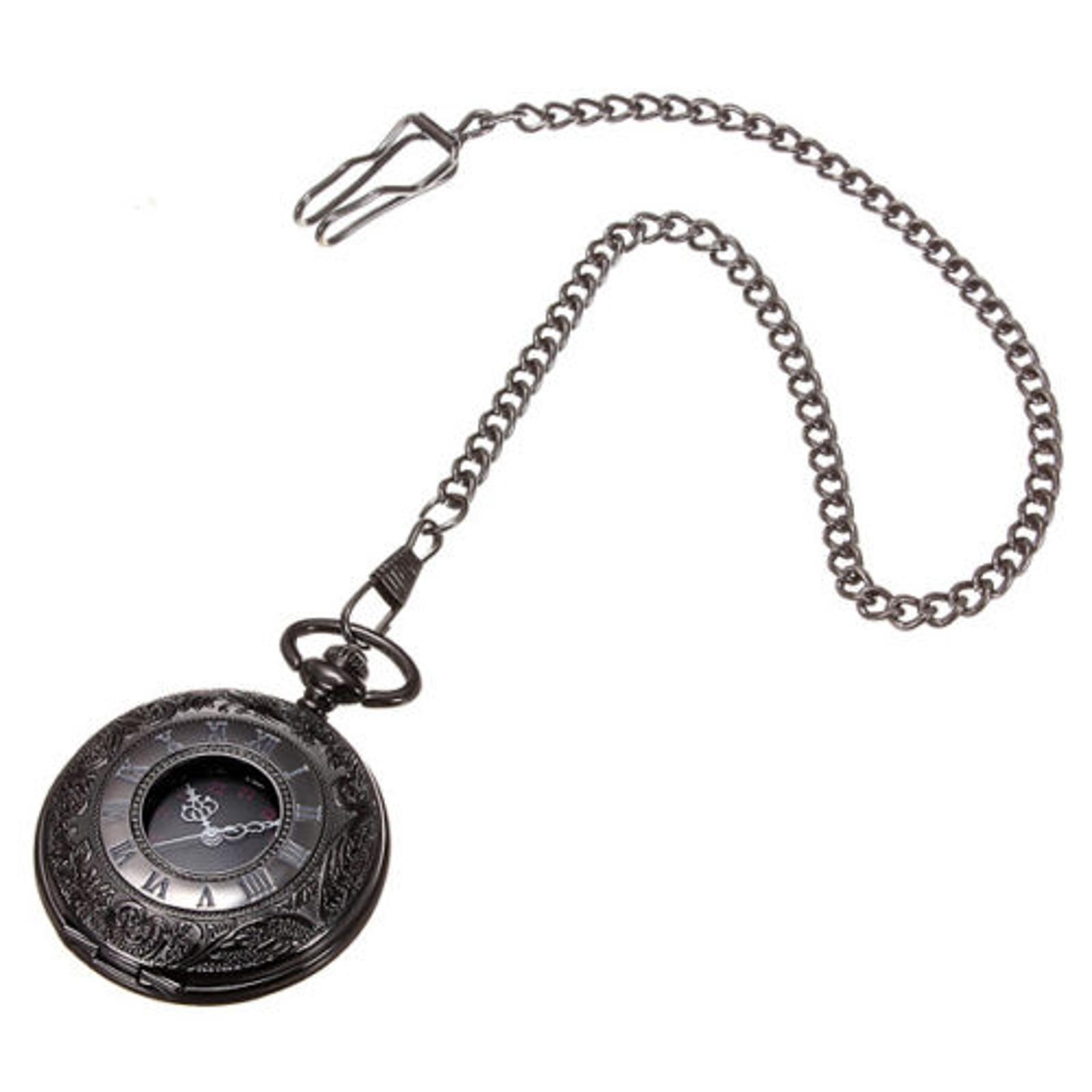Vintage Retro Steampunk Pocket Watch Black Quartz Pendant Necklace Chain Gift G