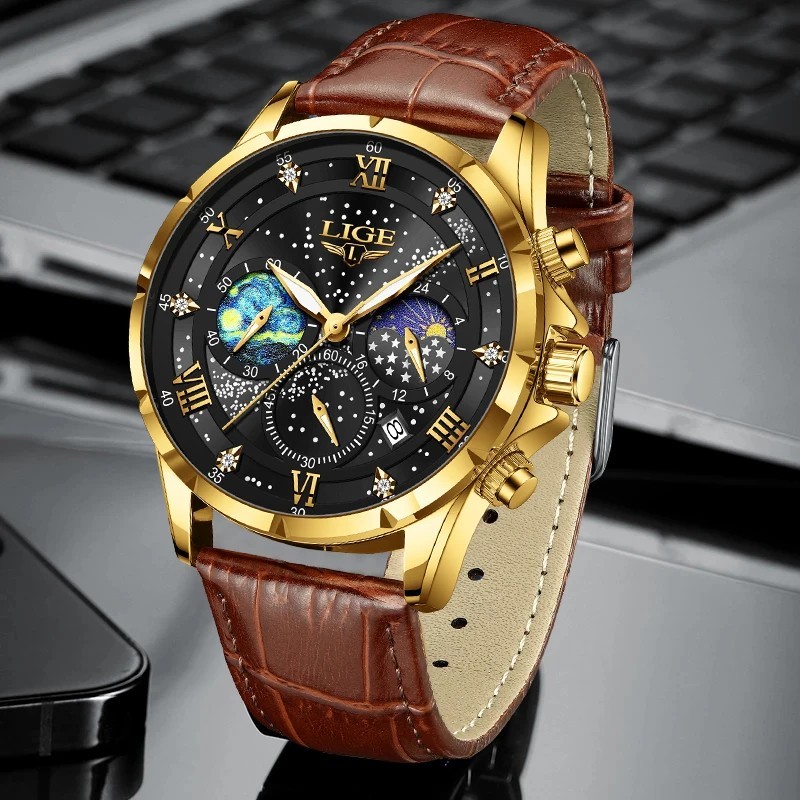 LIGE Luxury Quartz Men’s Watch Leather Strap Date Waterproof Luminous Wristwatch