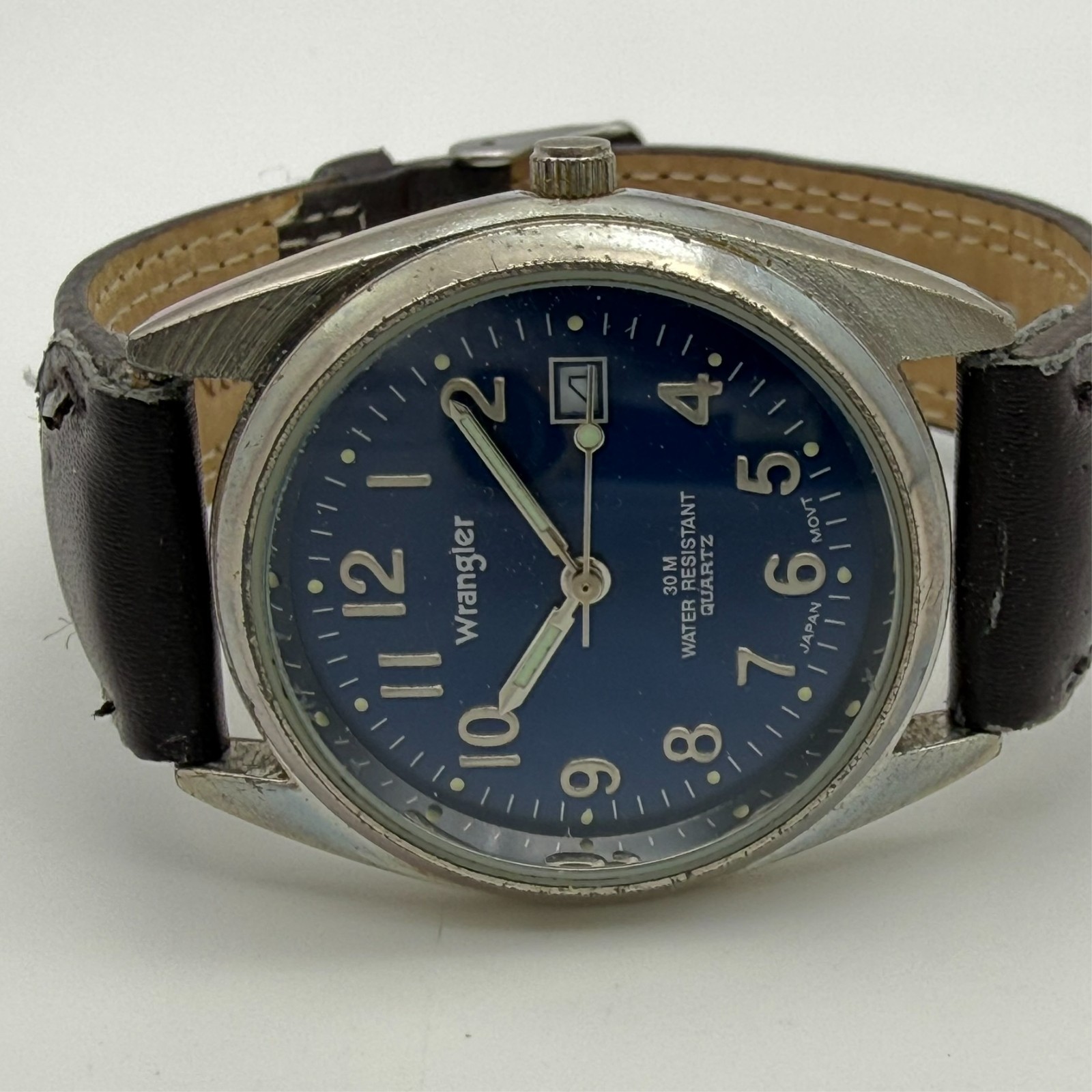 Men’s WRANGLER Hero Classic Silver Tone Watch, Blue Dial, 36mm, Brown Band, Runs