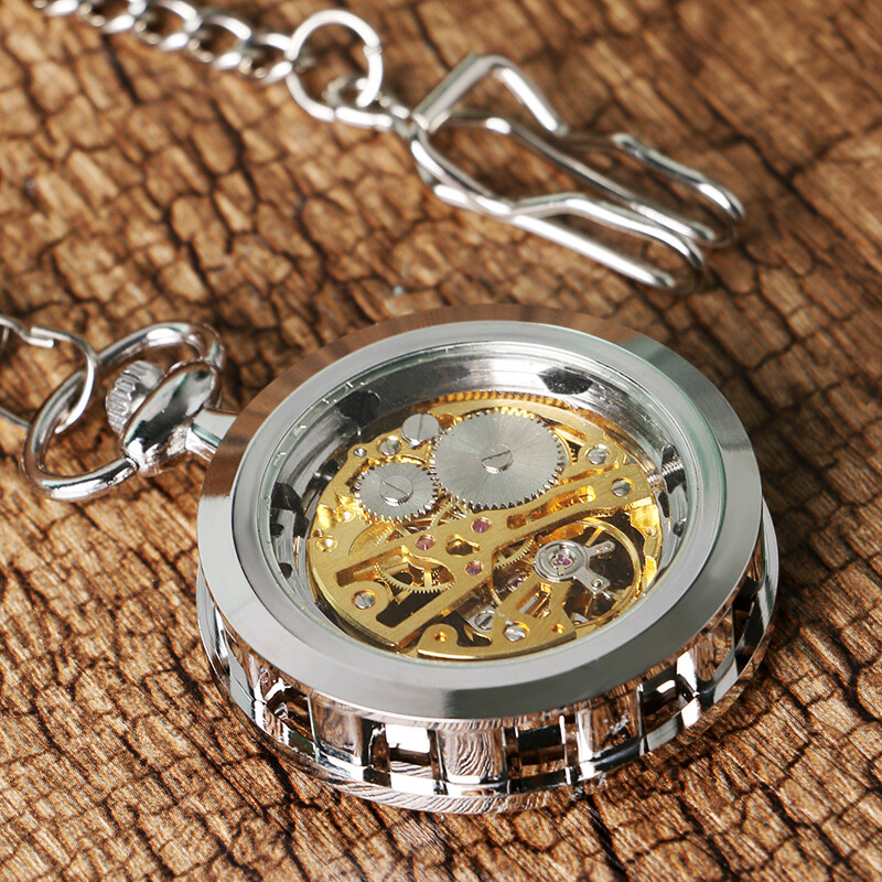 Mens Skeleton Pocket Watch Mechanical Silver Wind Up Fob Watch with Chain Luxury
