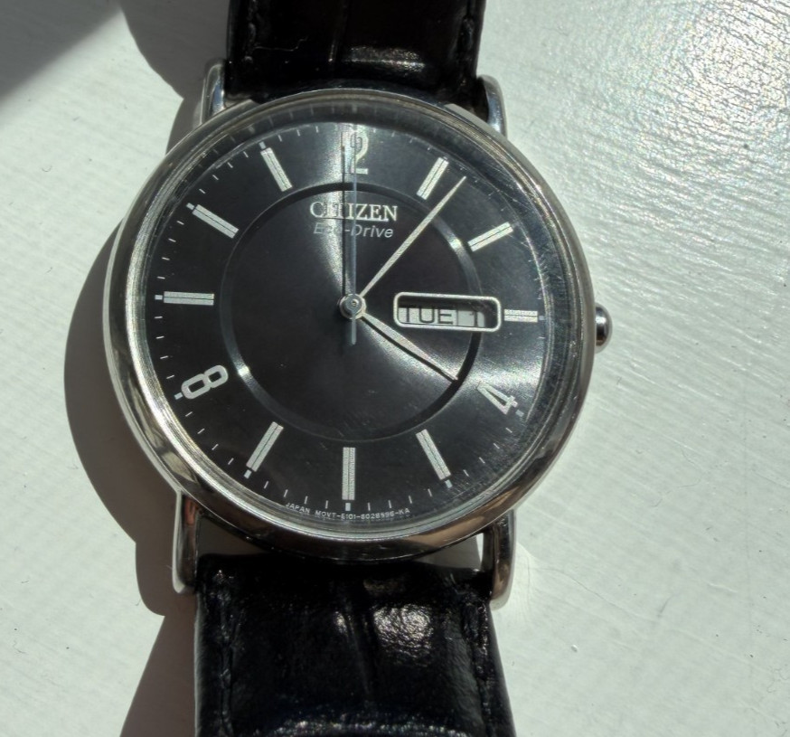 Citizen Eco Drive E101-S015570 Men’s Black Watch, Day/Date, Genuine Leather Band