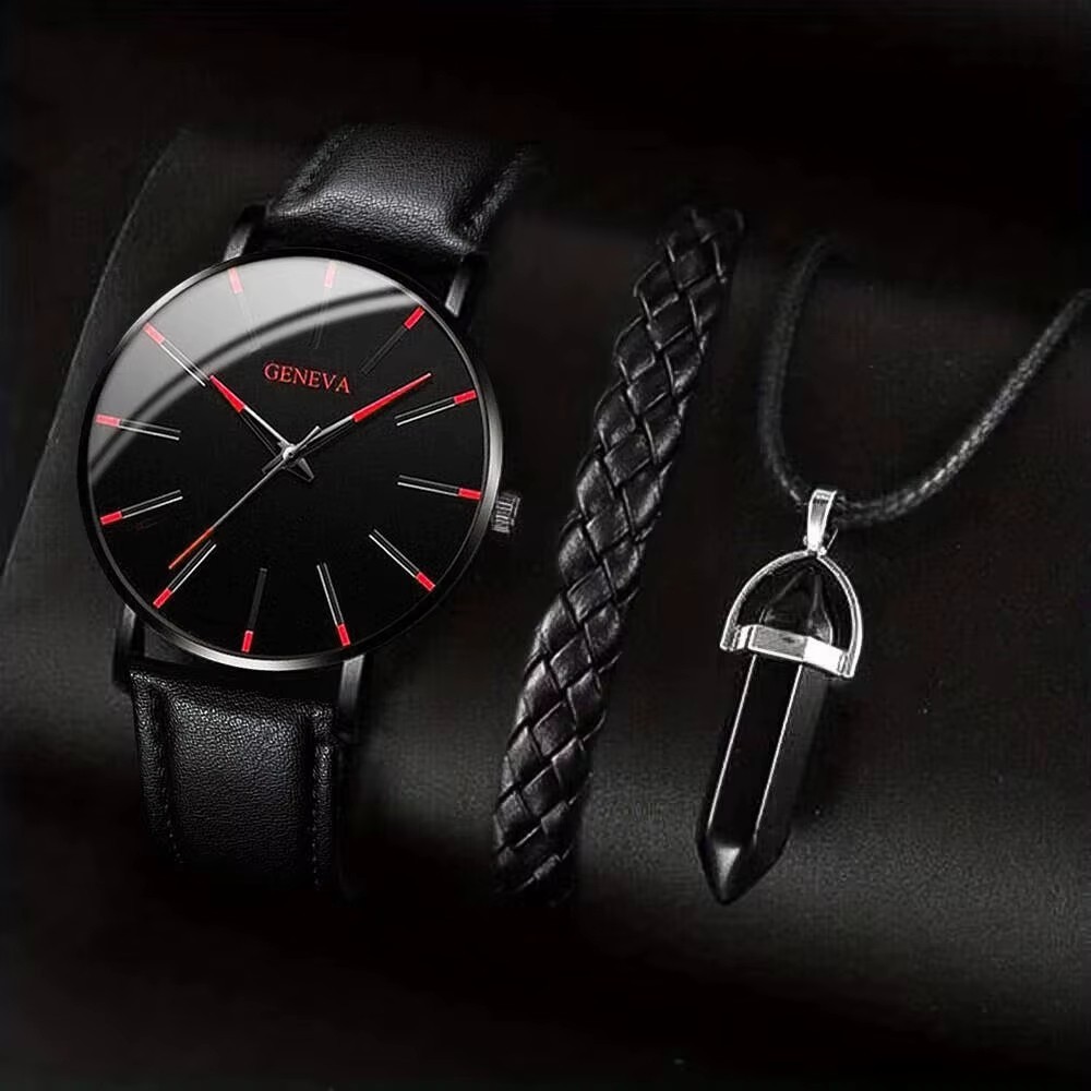 3PCS Men’s Watches Set Casual Leather Band Quartz Wristwatch Men Business Fashio