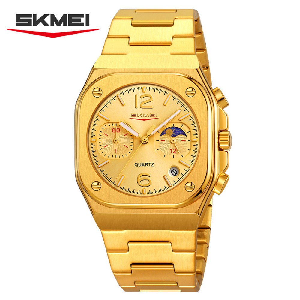 SKMEI Men Quartz Watch Multifunction Stopwatch Gold Steel Wristwatch Male Watch