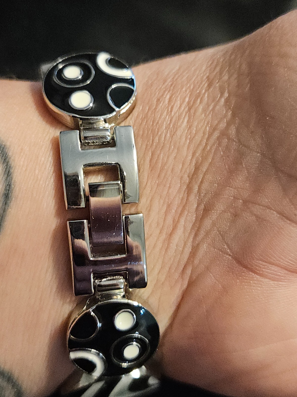 Sophie Black White Mother of Pearl Face Shiny Rhinestone Bracelet Watch Border