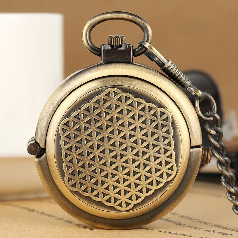 Bronze Vintage Style Men Skeleton Hand Winding Mechanical Pocket Watch FOB Chain
