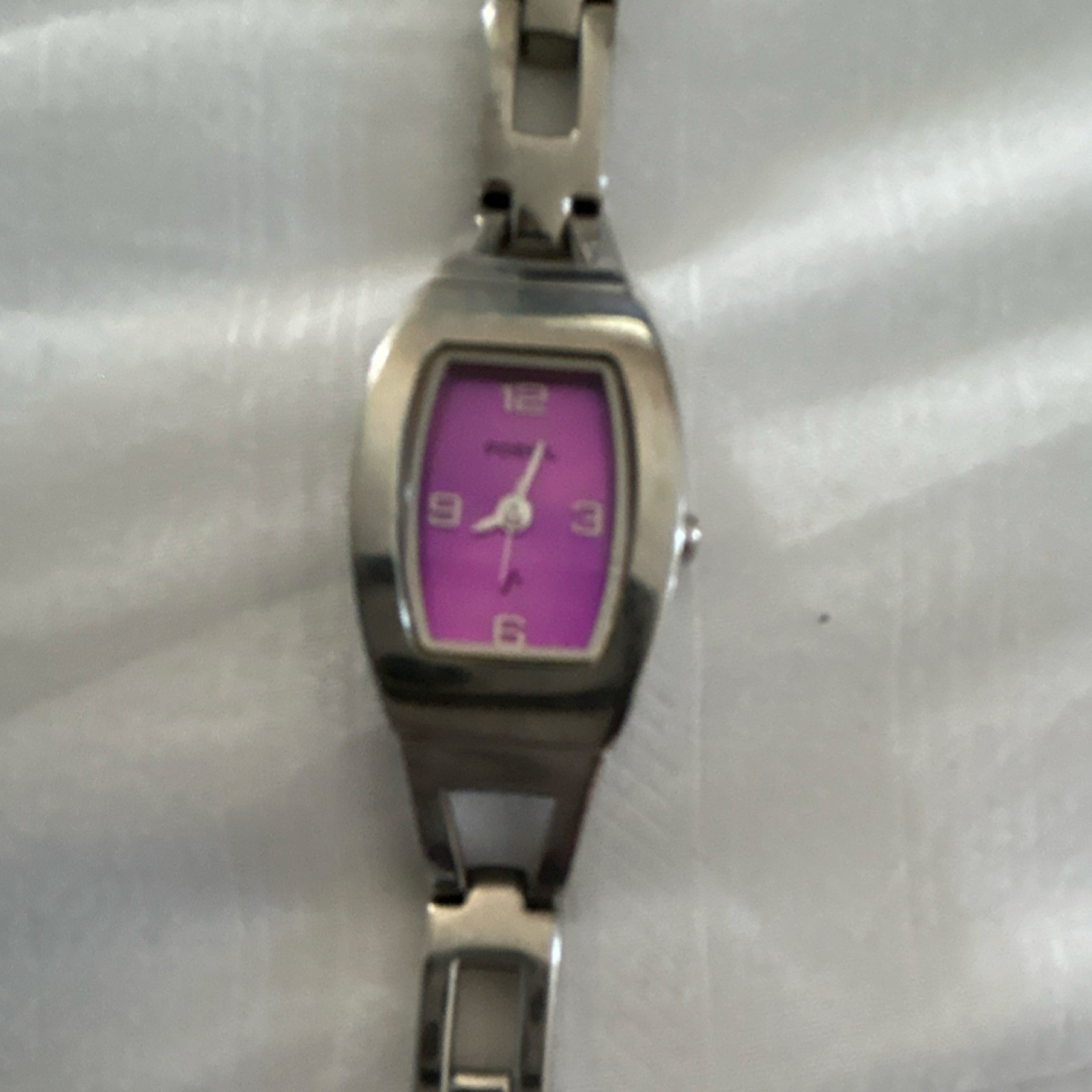 Fossil Women’s Silver Metal Analog Wristwatch Purple Dial Tonneau Shape