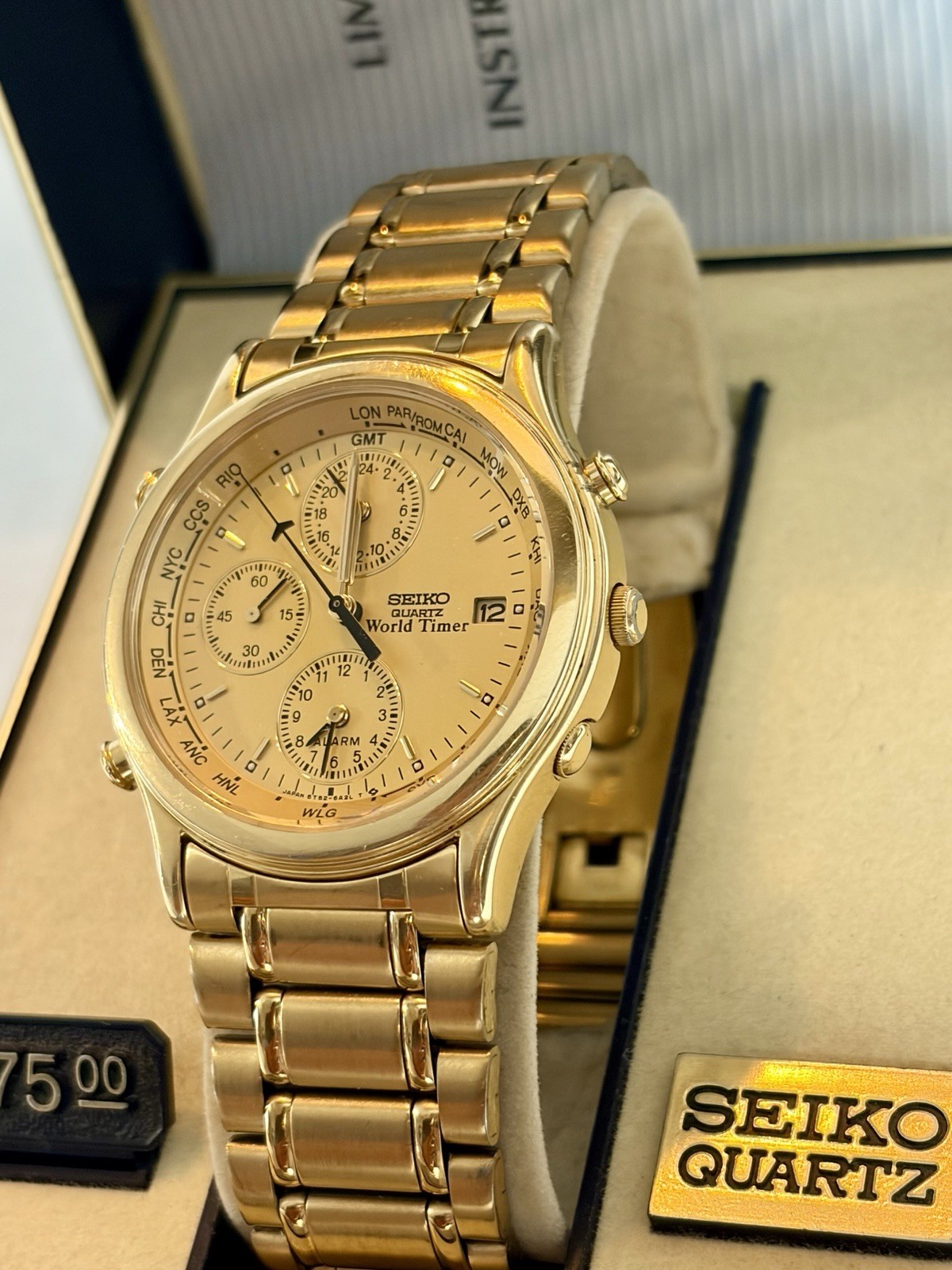 Seiko Quartz World Timer Alarm Date Gold Dial Gold Bracelet Watch – Full Set