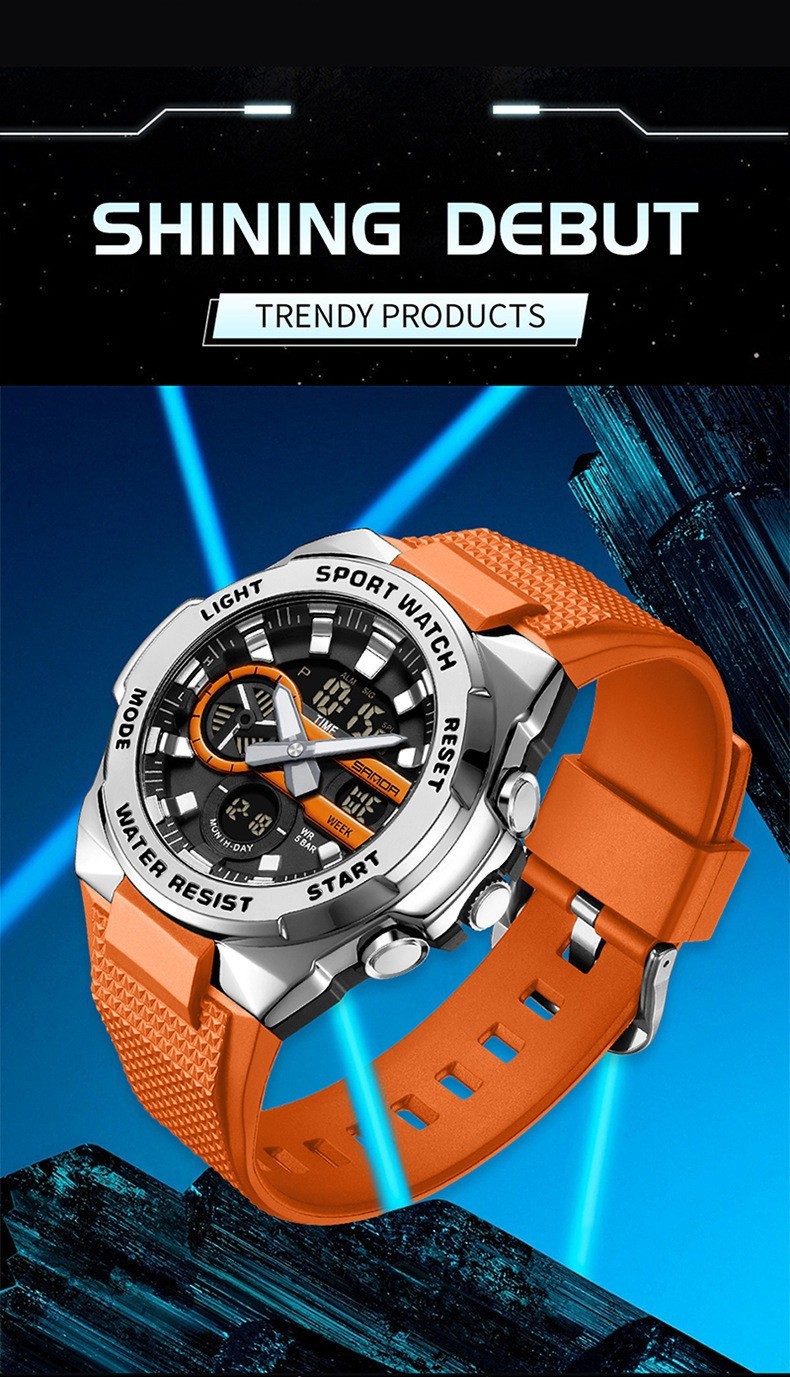 Dual display dial multifunctional sports style luminous quartz waterproof watch