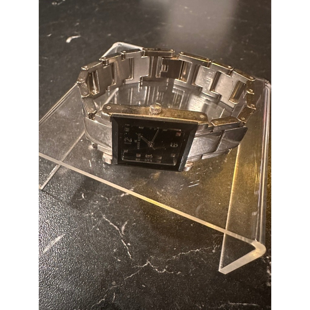 Chic Anne Klein Ladies SilverTone Watch Black Face Stud Hour Markers 6.5″ length