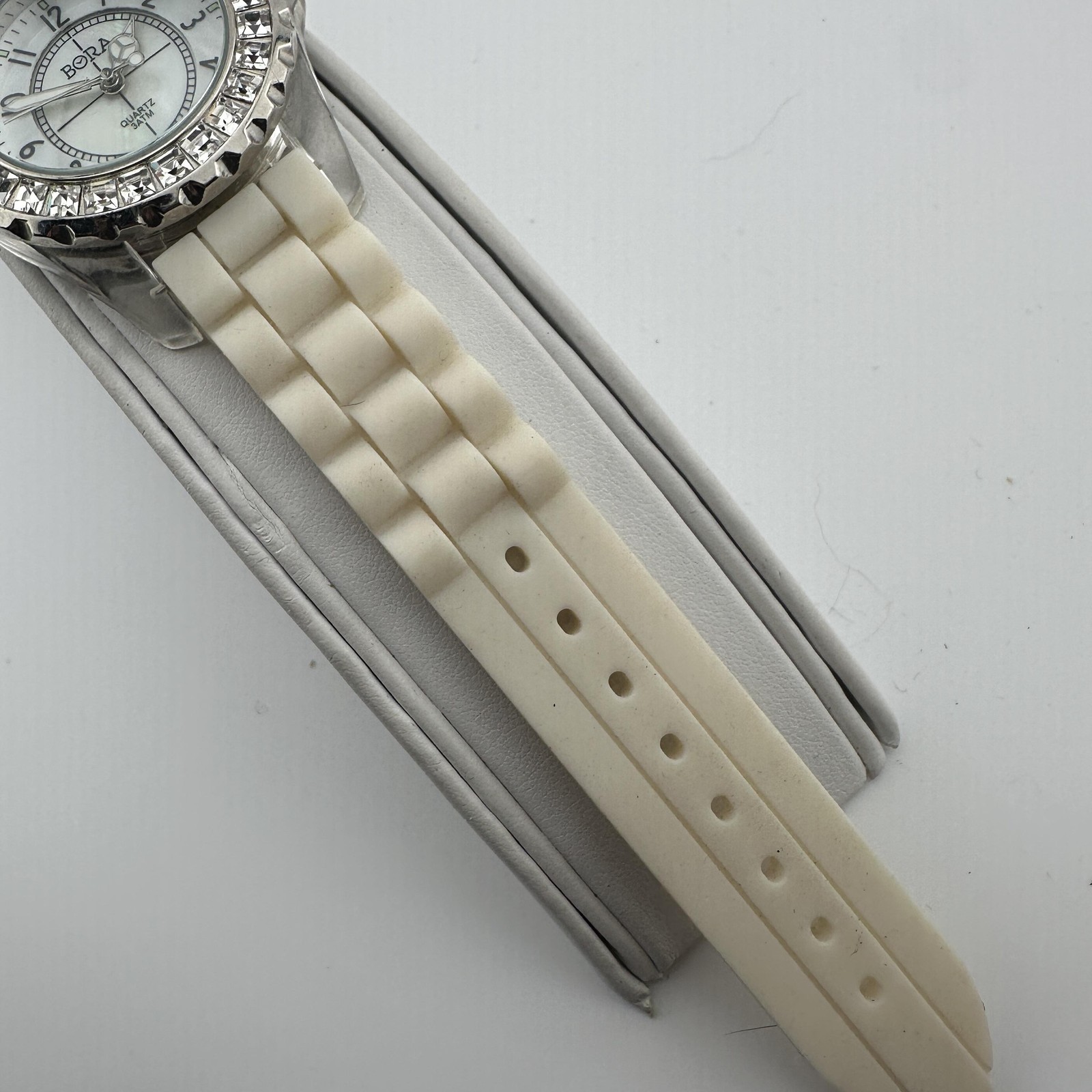 BORA Womens Watch 38mm White MOP Dial Crystal Bezel Silicone Band Quartz