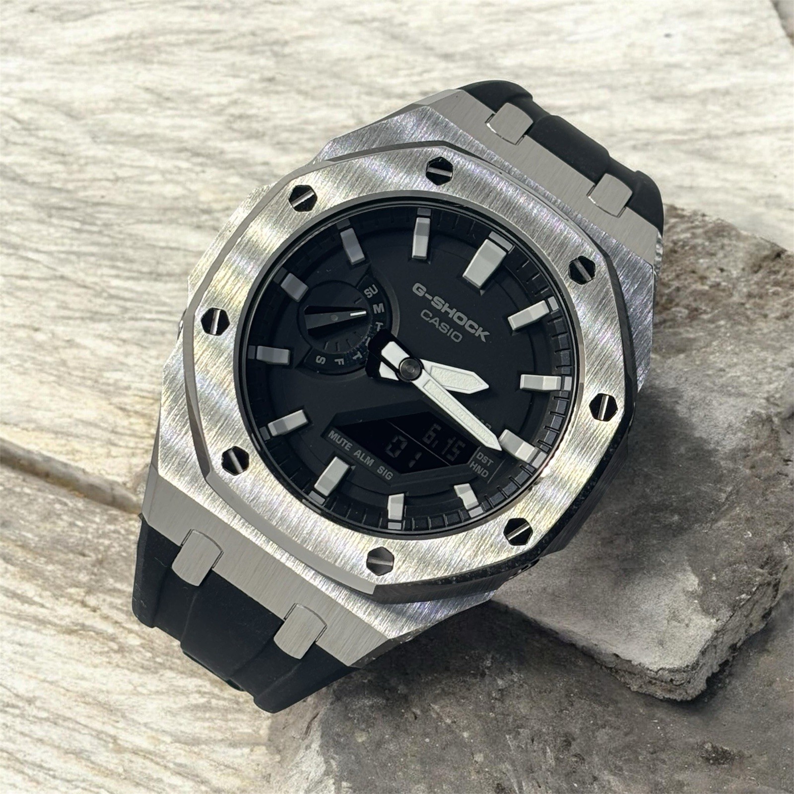 Custom GShock GA2100 Casioak rubber strap Gift – Silver & Black