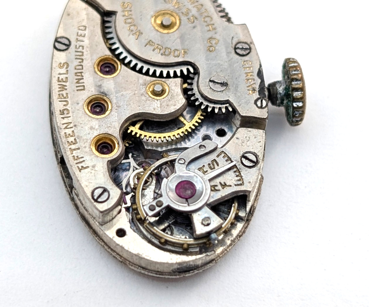 Antique ABRA 15j Art Deco Textured Dial Swiss Watch Movement 15mm PARTS REPAIR