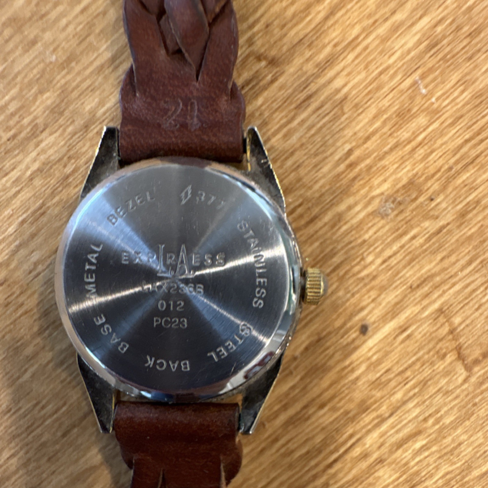 Express Quartz Moon Phase Wristwatch Green Dial Brown Leather Band Silver Case