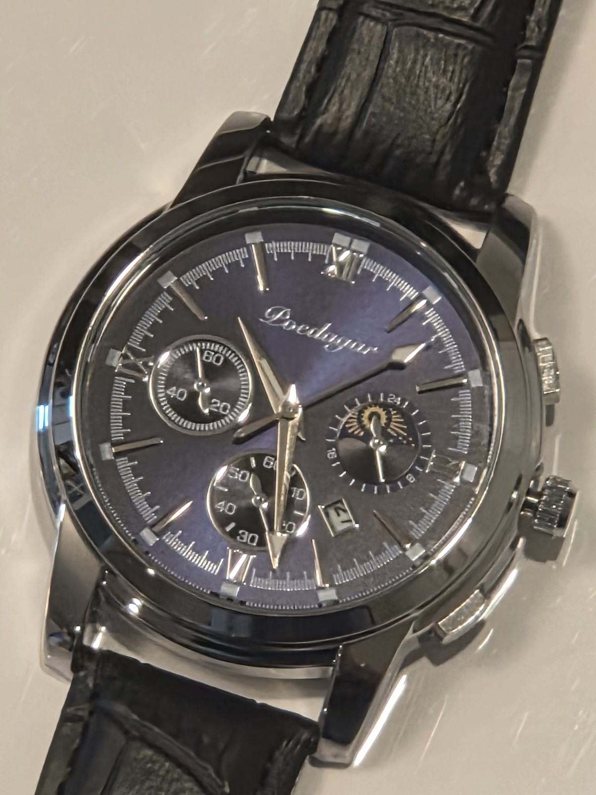 POEDAGAR Men’s Quartz Analog Watch Date Blue Dial Leather Strap