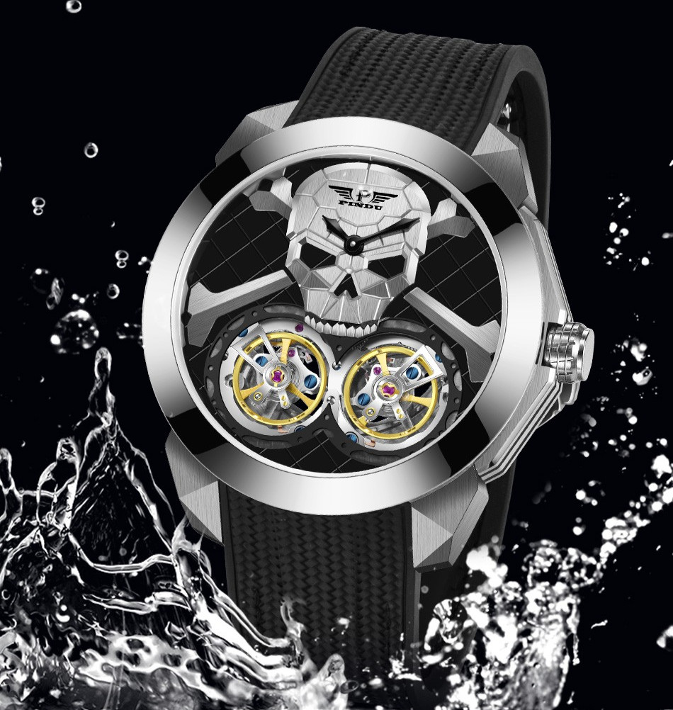 PINDU Men’s Double Tourbillon Mechanical Watch Skull Design Diamond Bezel 5ATM