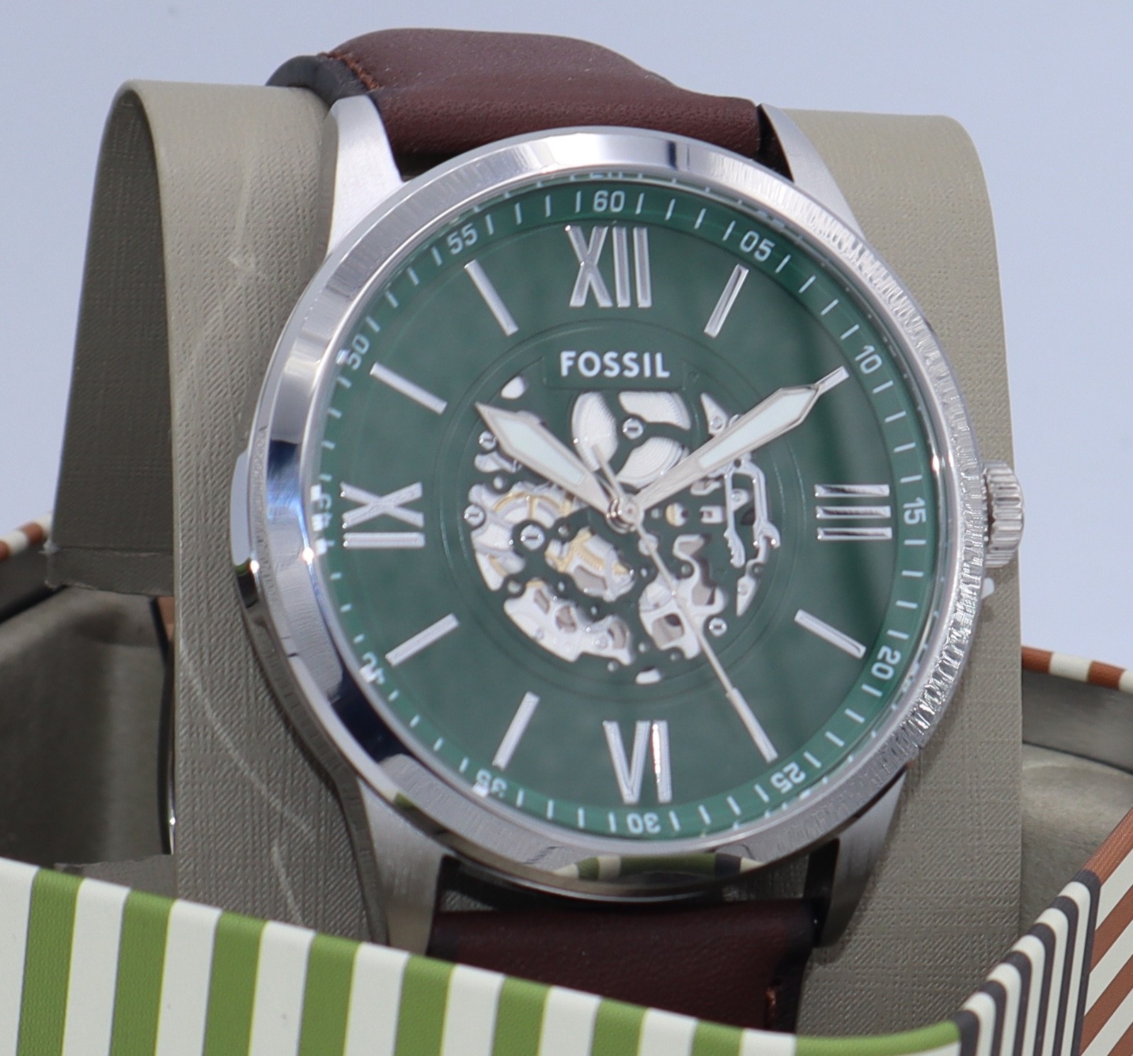 Fossil Flynn Silver Green Brown Leather Skeleton BQM7129 Men Watch