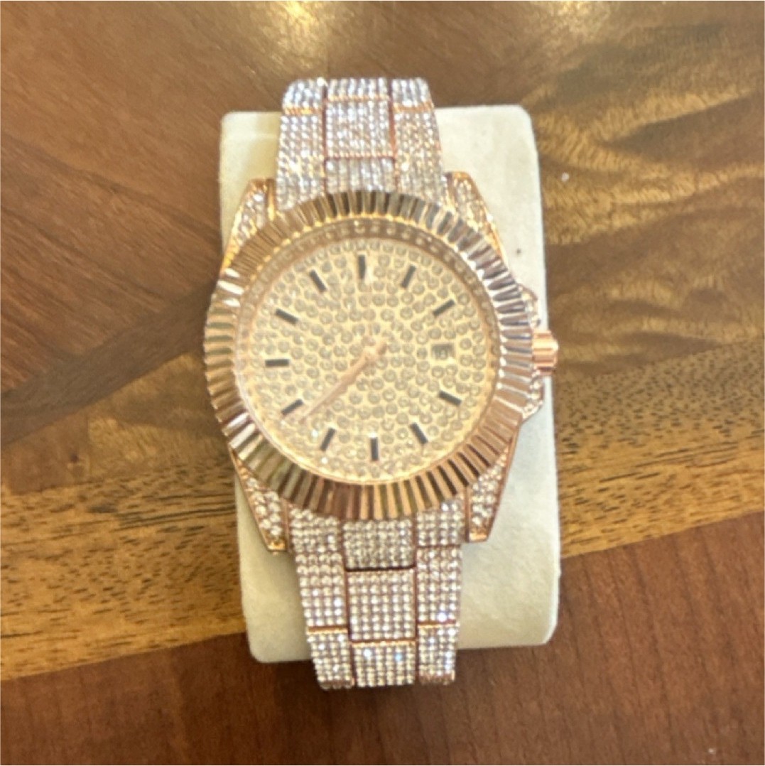 Rose Gold Plated Luxury Wristwatch Diamond Pattern Dial Bracelet Rollie Style