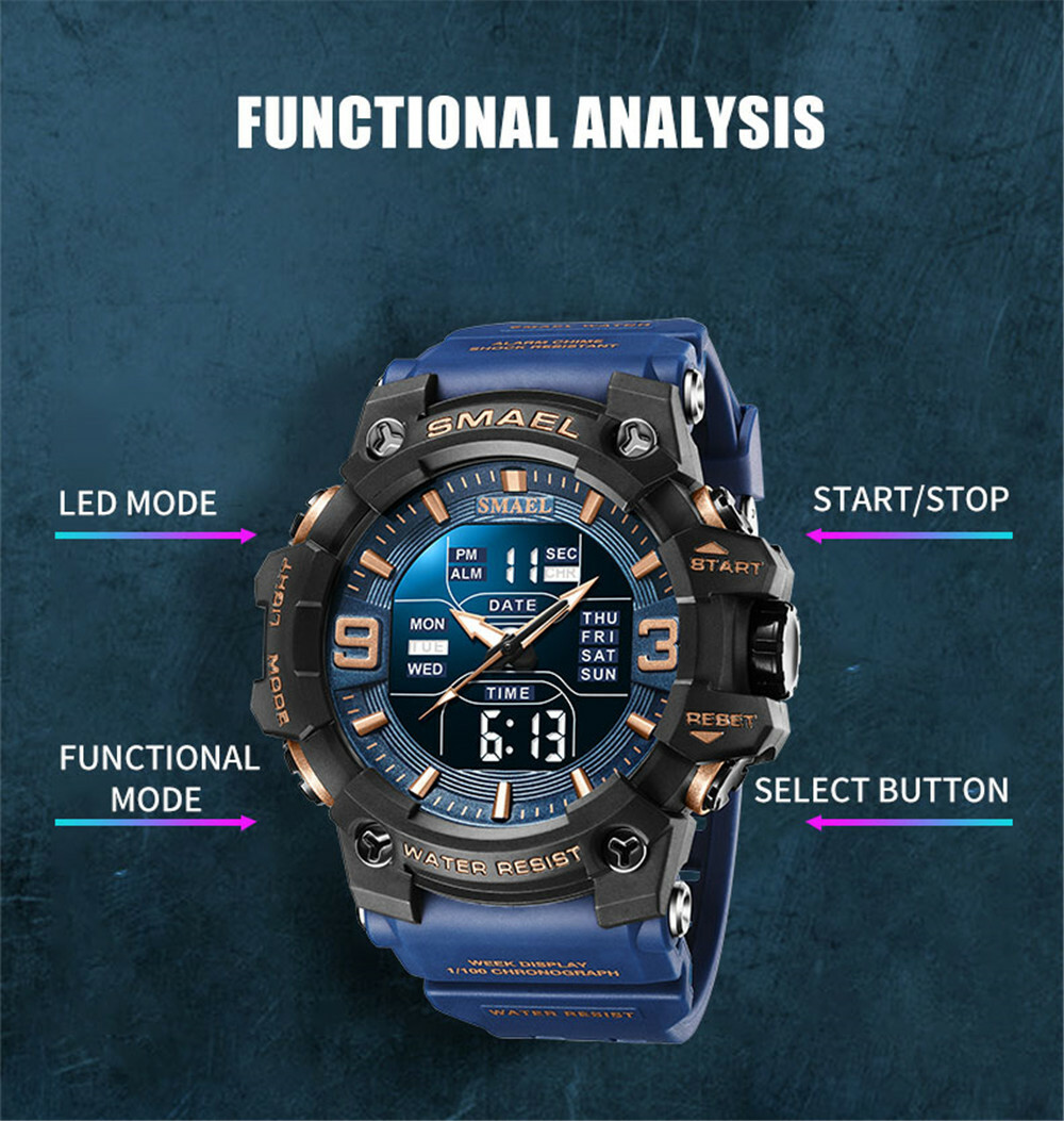 SMAEL Men’s Sport Watch: LED Digital Dual Display Electronic Wristwatch