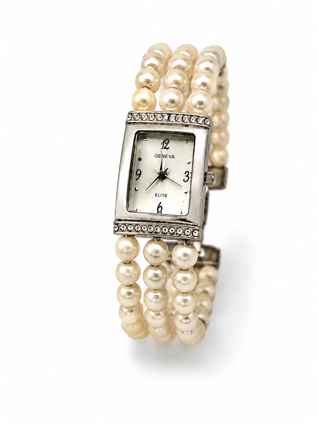 Geneva Elite vintage-style watch with triple-strand faux pearl bracelet