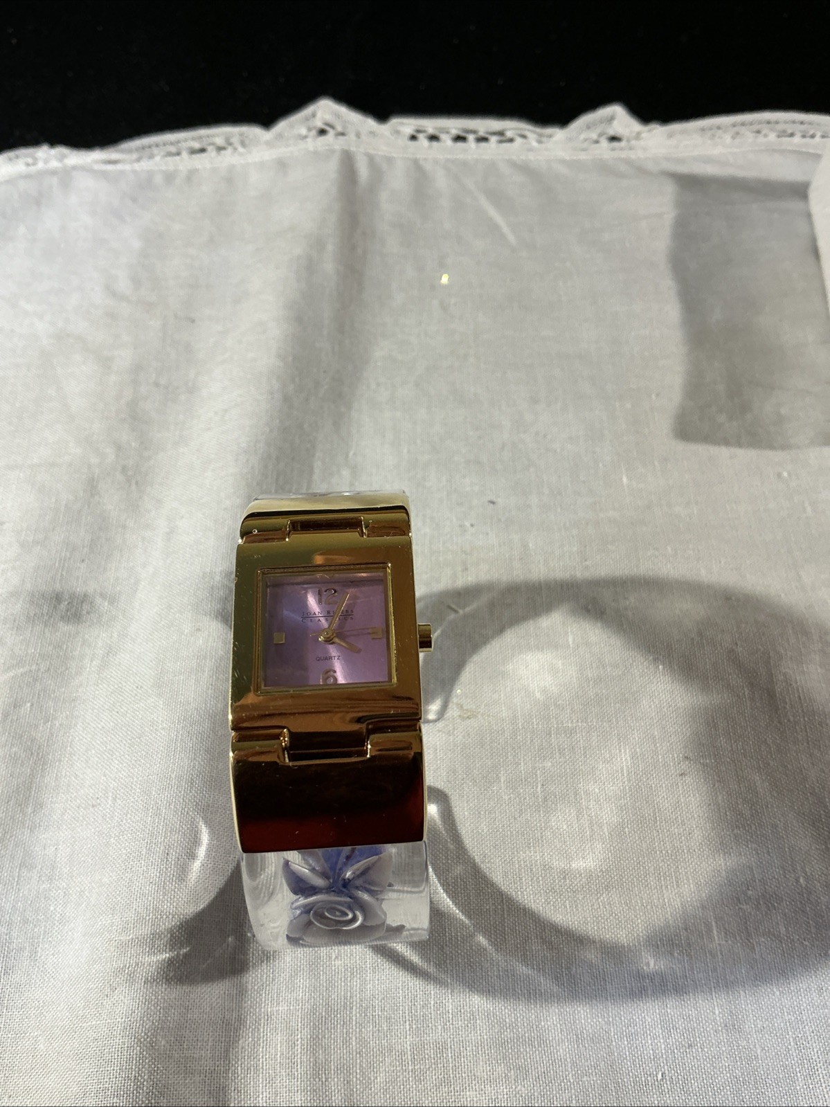 Joan Rivers Classics Gold Tone Purple Violet Floral Lucite Bangle Hinged Watch