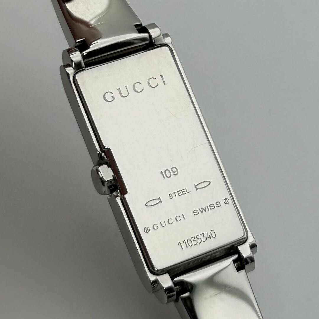 GUCCI 109 Bangle Watch Silver Dial 2 Diamond Quartz Ladies Swiss Box 17cm