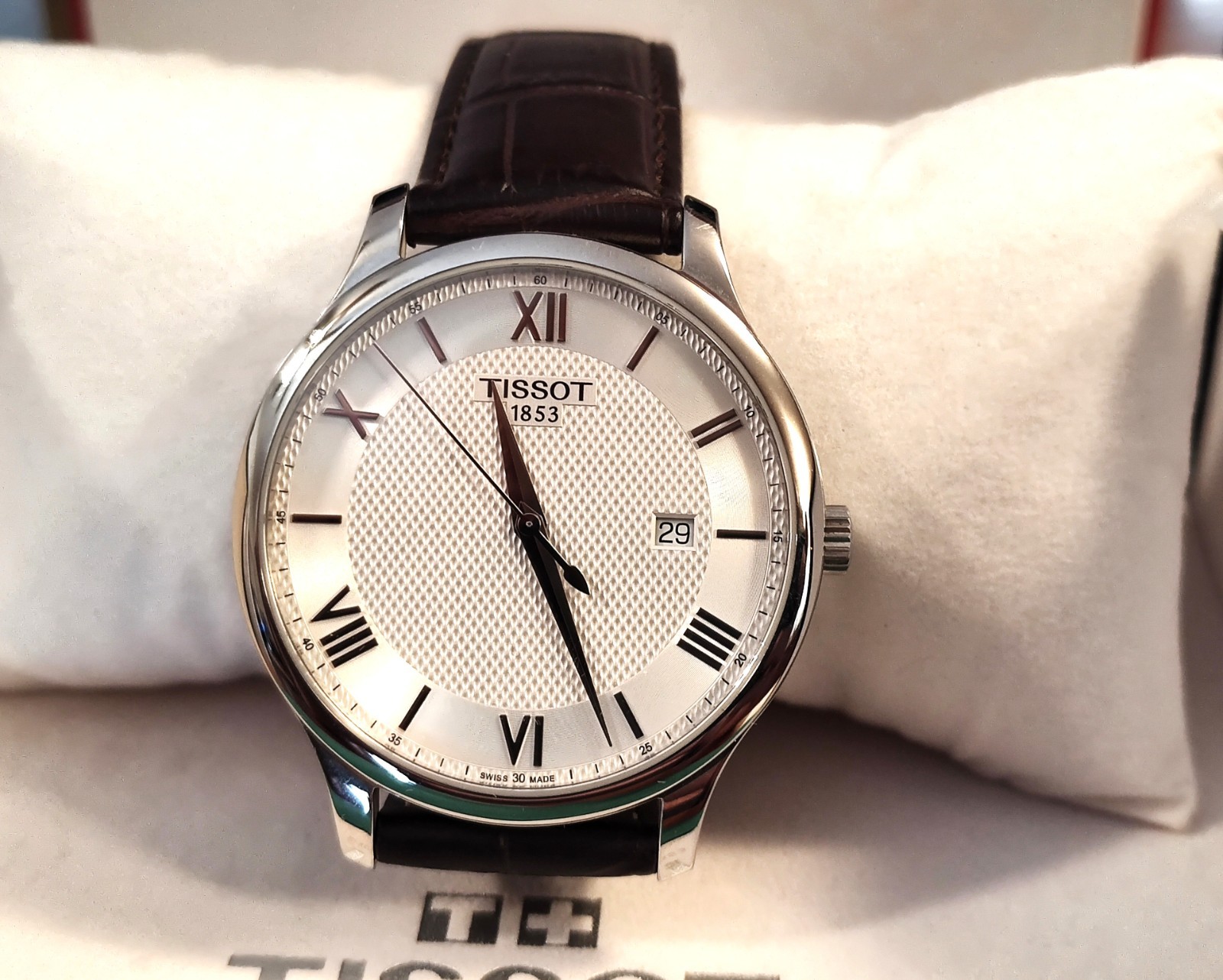 Tissot Tradition T063610A Leather Men’s Swiss Watch, Diamond Pattern Dial, w/Box