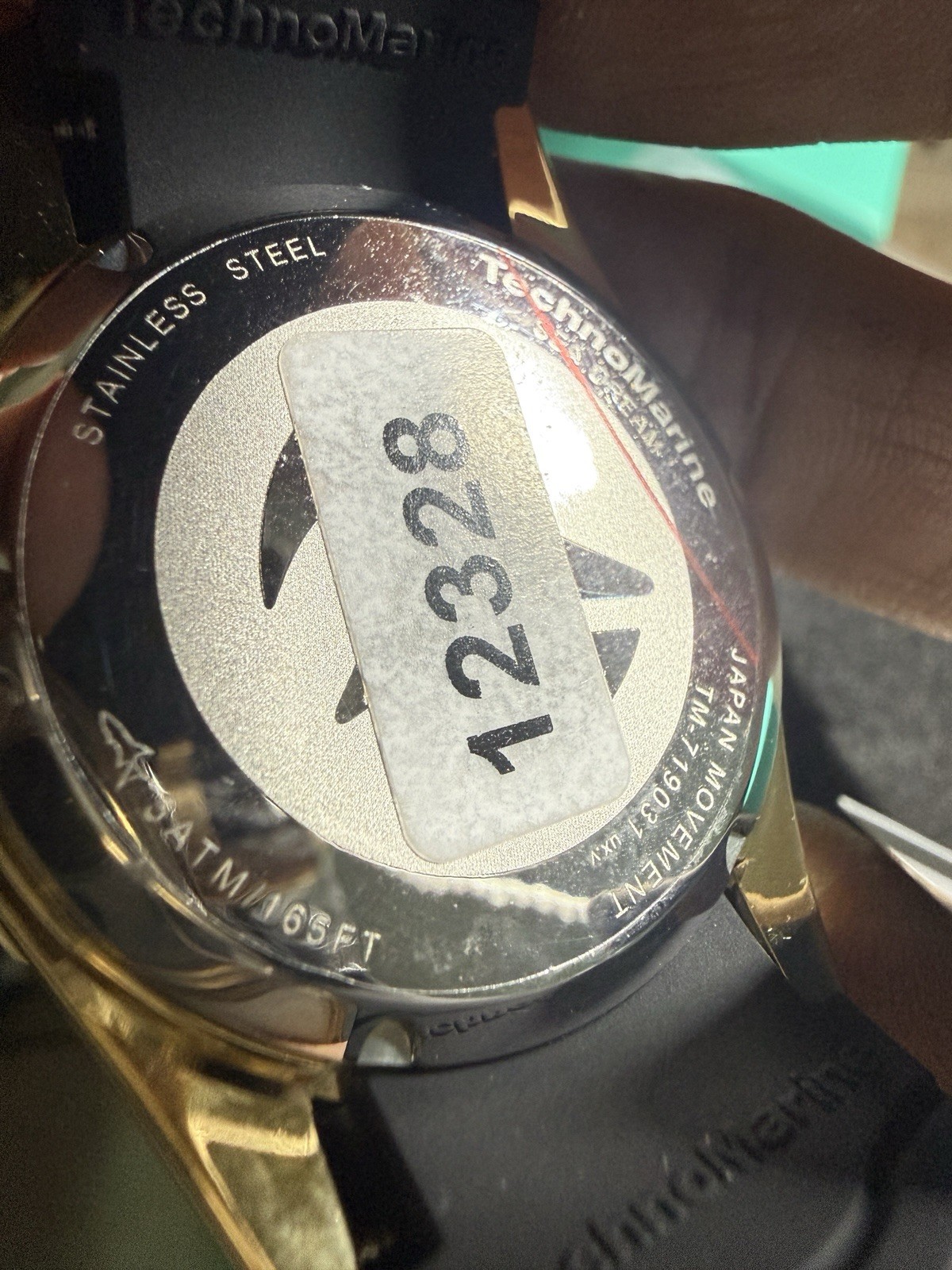 TechnoMarine Quartz Day/Date 50m Gold Dial Gold Case Black Rubber 38mm Box