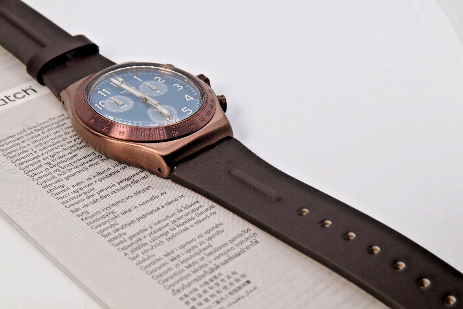 SWATCH+IRONY NEW CHRONO YVC100 BACK TO COPPER 43MM NEW BLUE GRAY DIAL GLOW