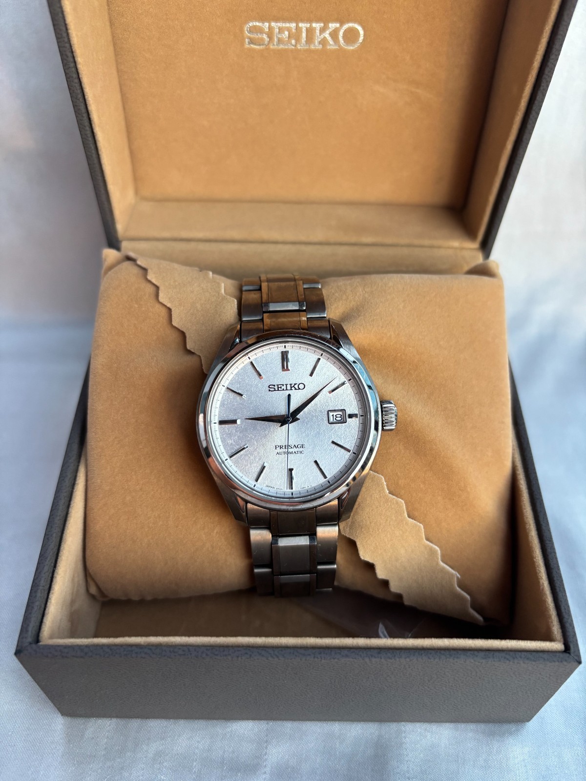 Seiko Presage SARX055 Silver White Mechanical Men’s Watch Titanium Full Kit