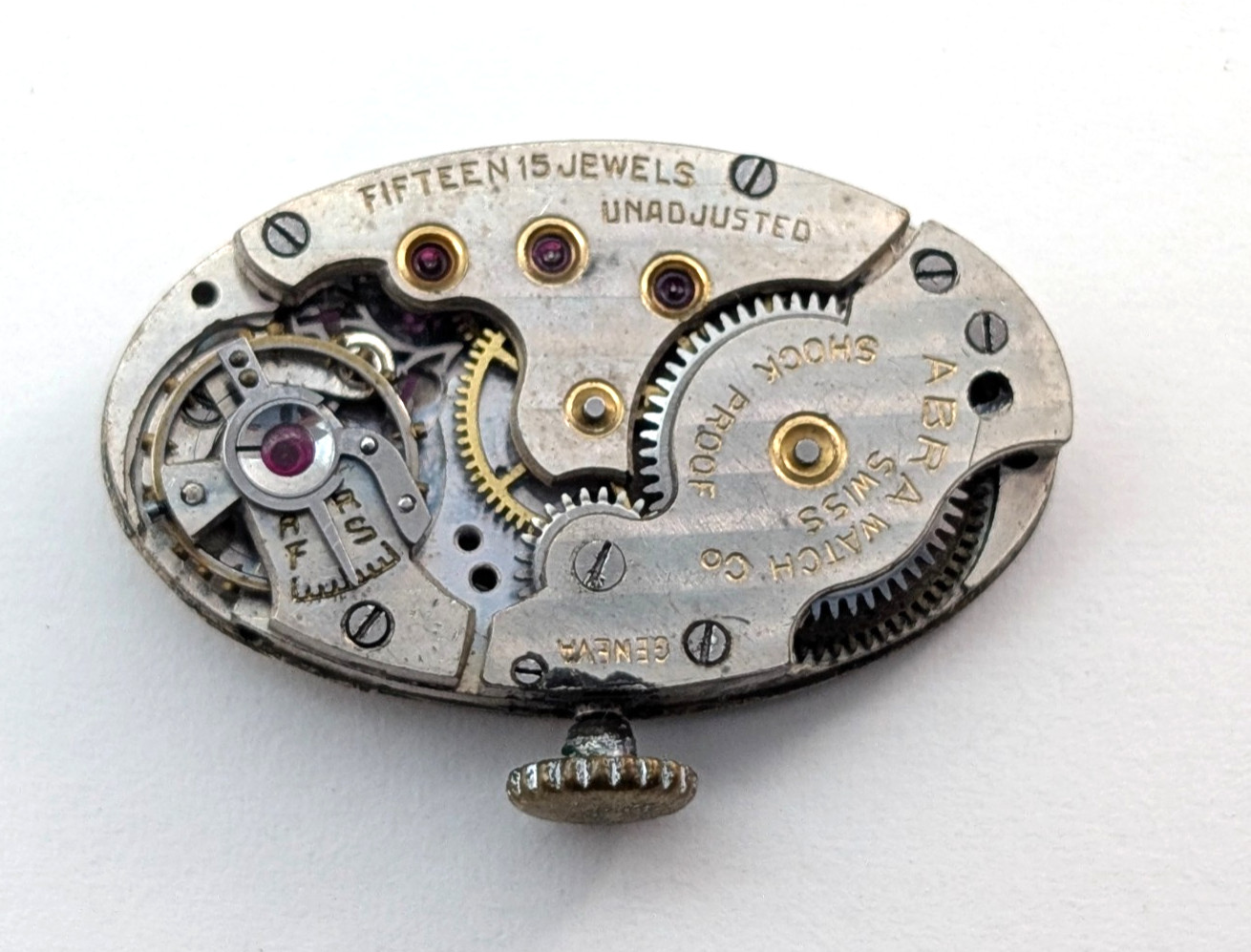 Antique ABRA 15j Art Deco Textured Dial Swiss Watch Movement 15mm PARTS REPAIR