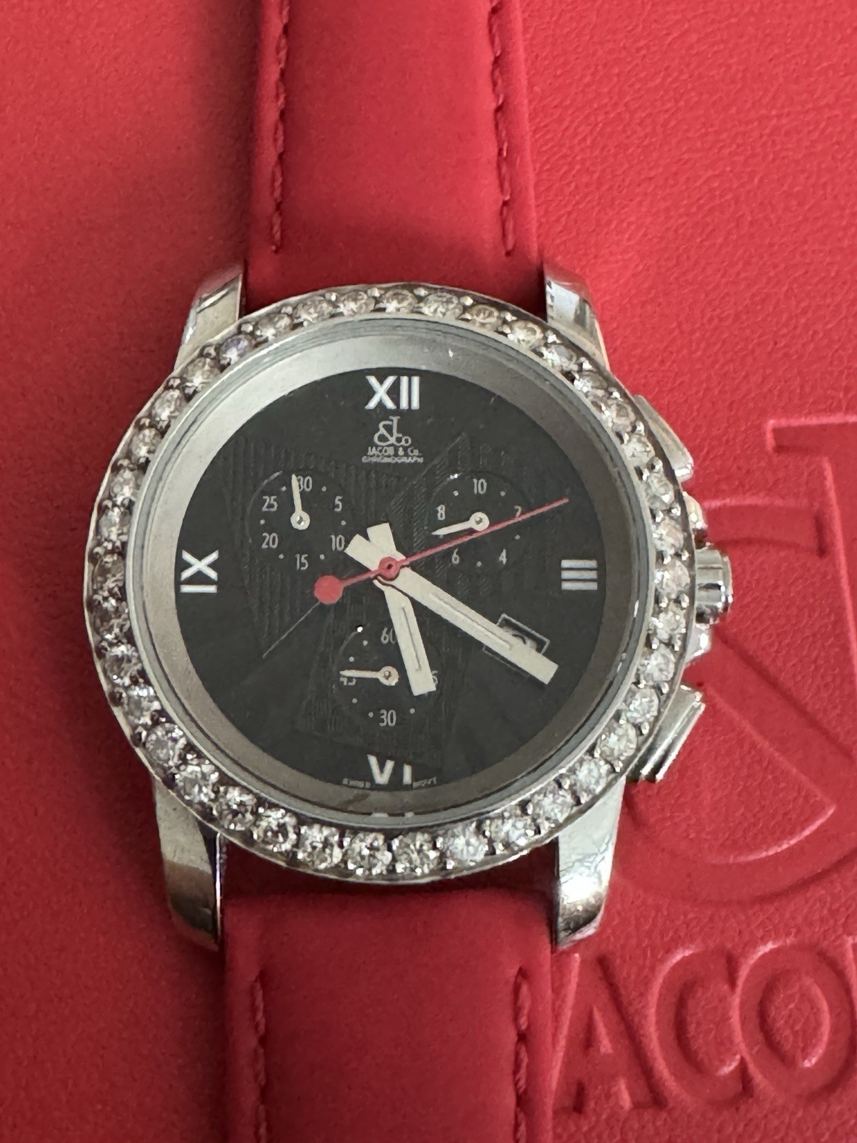 JACOB AND CO CHRONOGRAPH WATCH 38mm Diamond Bezel Complete Box Extra Str G2U
