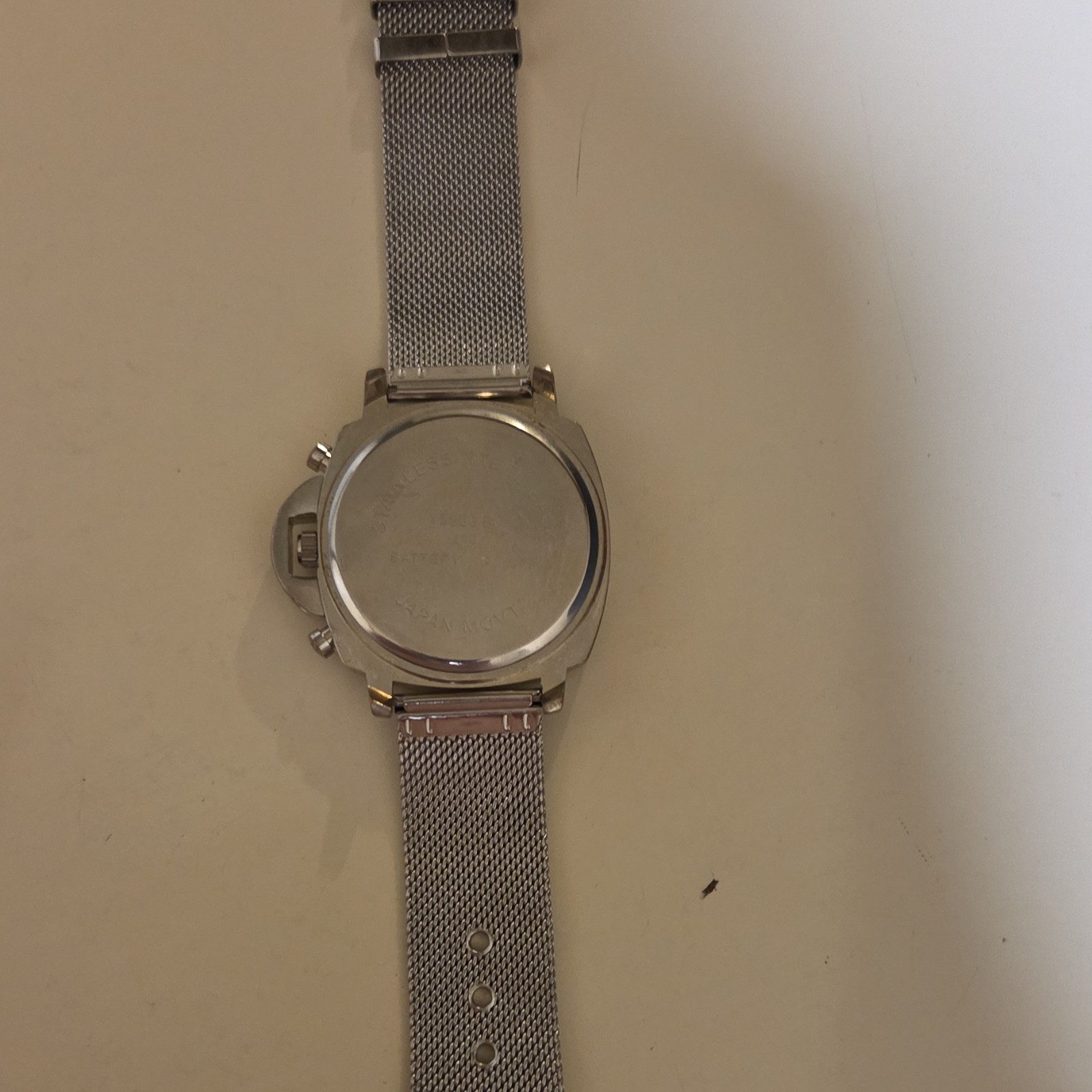 Analog Chronograph Style Wristwatch Black Dial Silver Metal Mesh Band Round