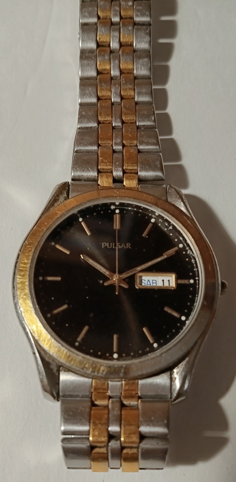 Pulsar Quartz Day/Date Black Sunburst Dial Two-Tone SS Bracelet Watch