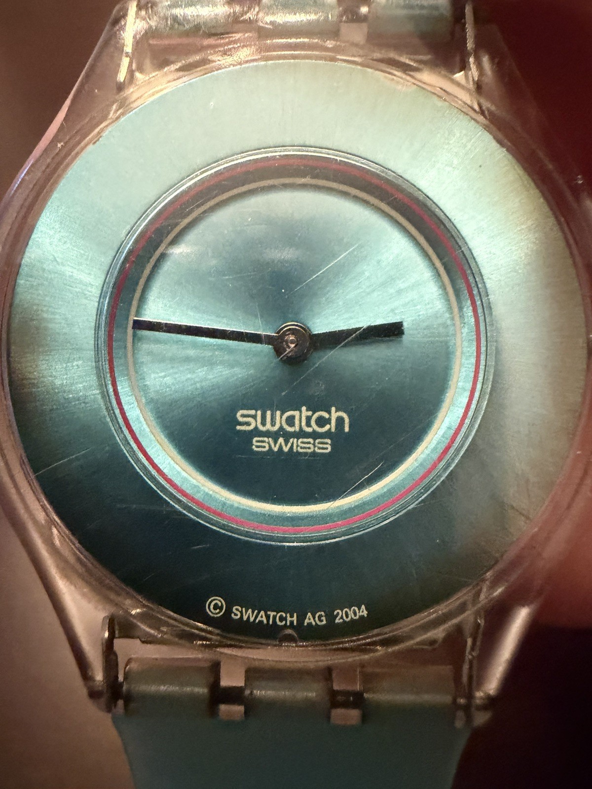 Vintage 2004 Swatch SKIN Ultra Thin Swiss Watch Turquoise Transparent Case