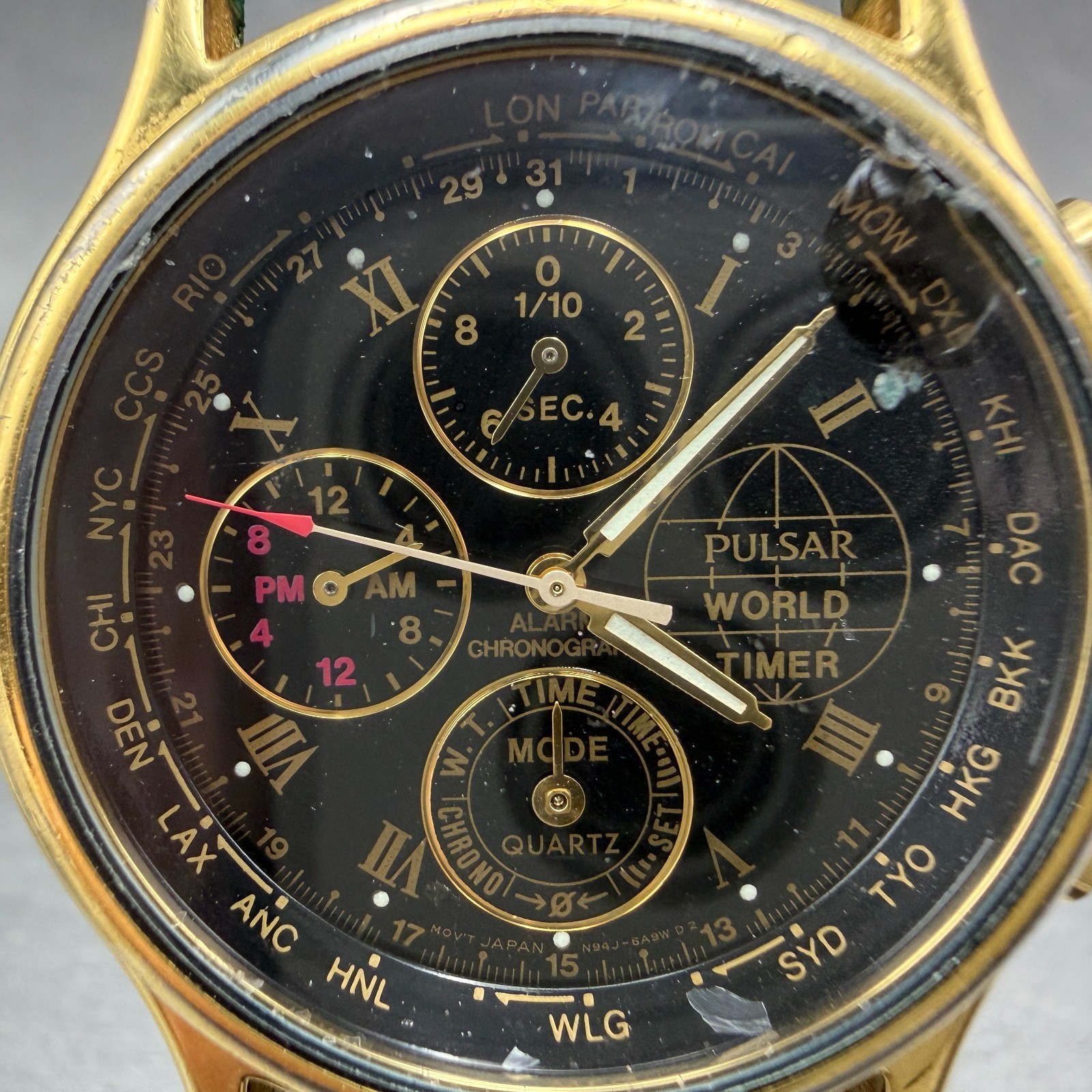 Pulsar World Time Watch Men 38mm Black Dial Gold Tone Alarm Chrono N94J-6A50